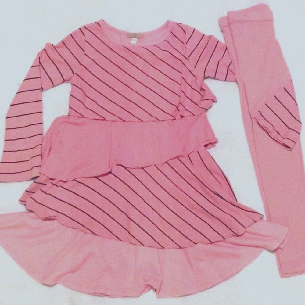 Joah Love Boutique Pink Ruffle Dress Tunic Leggings 2 pc Set Size 4 5